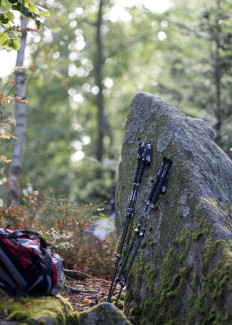 Wanderstöcke lehnen am Stein